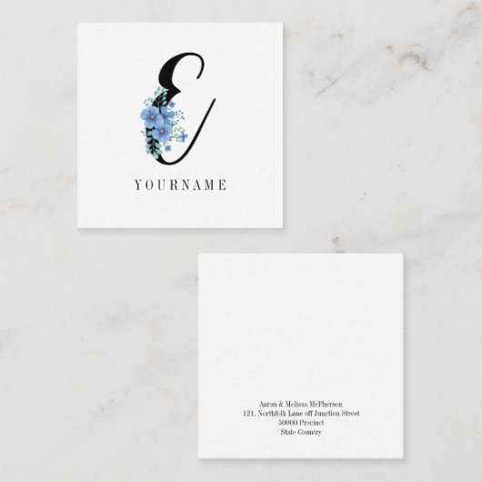 Floral Monogram E Blauwe Bloem Burst Vierkante Visitekaartje (Voorkant / Achterkant)
