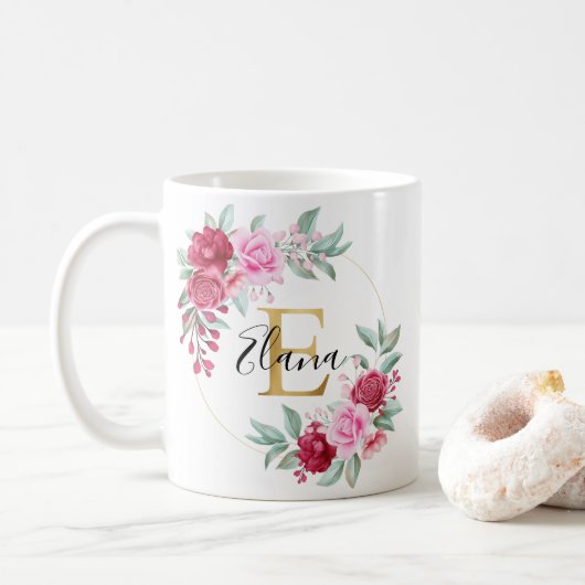 Floral Monogram E - Rode roze goudWaterverf Koffiemok (Met donut)