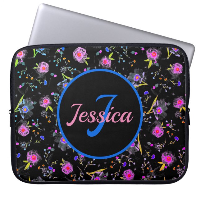 Floral Monogram Elegant gepersonaliseerd Laptop Sleeve (Voorkant)