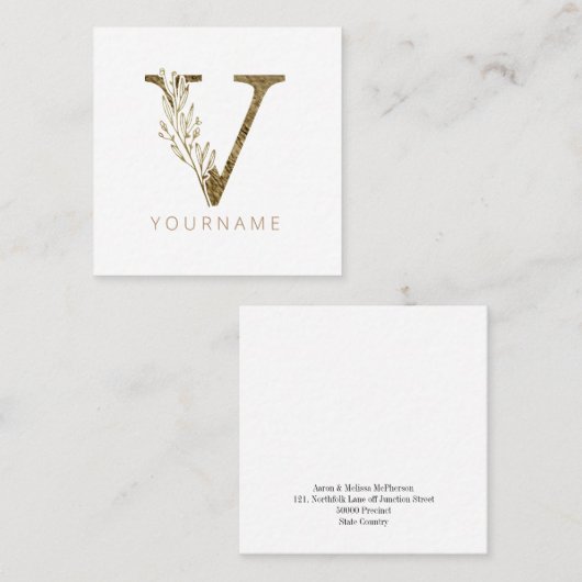 Floral Monogram/Elegant Gold Foliage Vierkante Visitekaartje (Voorkant / Achterkant)