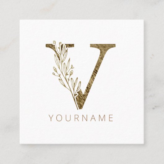 Floral Monogram/Elegant Gold Foliage Vierkante Visitekaartje (Voorkant)