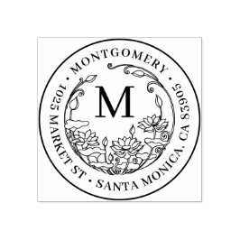 Floral Monogram Familienaam & Rond Terugkeeradres Rubberstempel