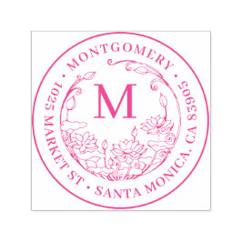 Floral Monogram Familienaam & Rond Terugkeeradres Zelfinktende Stempel