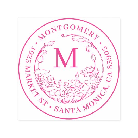 Floral Monogram Familienaam & Rond Terugkeeradres Zelfinktende Stempel (Design)