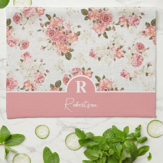  Floral Monogram Familienaam Theedoek (Gevouwen)