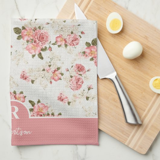  Floral Monogram Familienaam Theedoek (Quarter Fold)