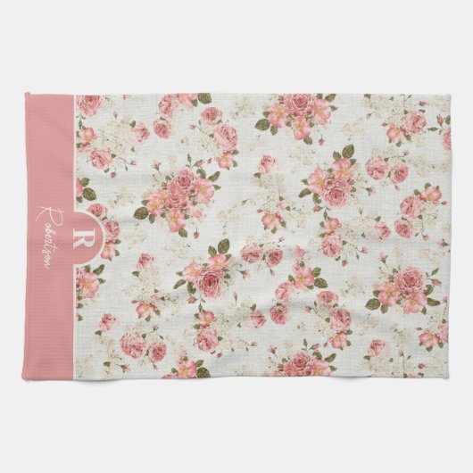  Floral Monogram Familienaam Theedoek (Horizontaal)