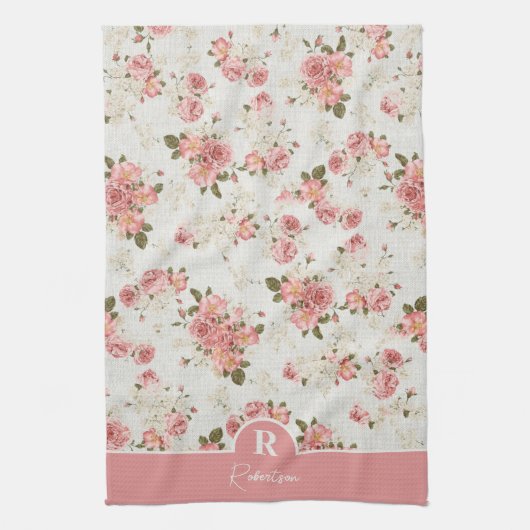  Floral Monogram Familienaam Theedoek (Verticaal)