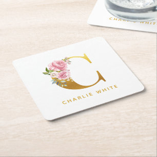 Floral Monogram Faux Gold Name Initiaal personalis Kartonnen Onderzetters