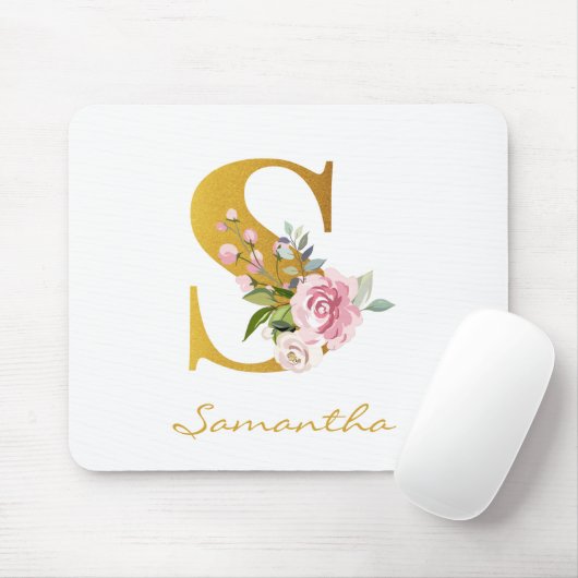 Floral Monogram Faux Gold Name Initiaal personalis Muismat (Met muis)