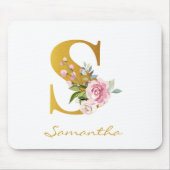 Floral Monogram Faux Gold Name Initiaal personalis Muismat (Voorkant)