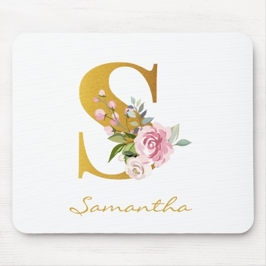 Floral Monogram Faux Gold Name Initiaal personalis Muismat (Voorkant)