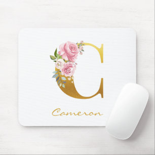 Floral Monogram Faux Gold Name Initiaal personalis Muismat