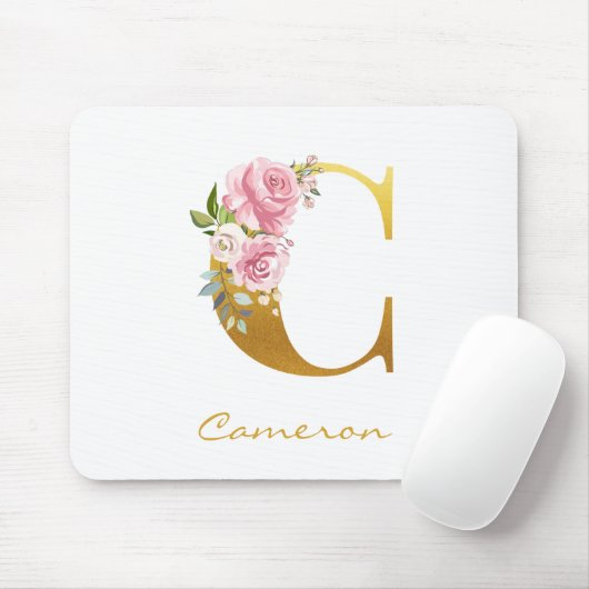 Floral Monogram Faux Gold Name Initiaal personalis Muismat (Met muis)