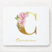 Floral Monogram Faux Gold Name Initiaal personalis Muismat (Voorkant)