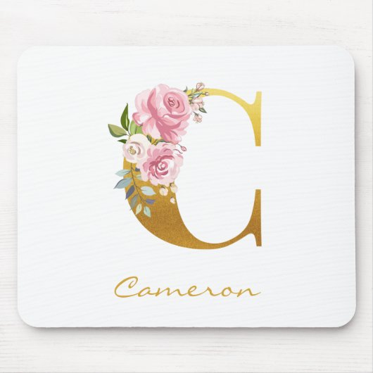 Floral Monogram Faux Gold Name Initiaal personalis Muismat (Voorkant)