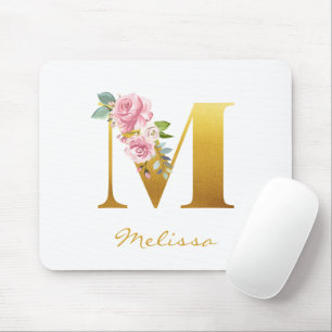 Floral Monogram Faux Gold Name Initiaal personalis Muismat