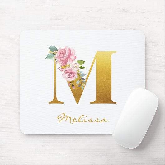 Floral Monogram Faux Gold Name Initiaal personalis Muismat (Met muis)