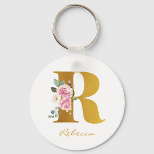 Floral Monogram Faux Gold Name Persoonlijk Sleutelhanger