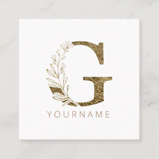 Floral Monogram G Elegant Gold Foliage Vierkante Visitekaartje (Voorkant)