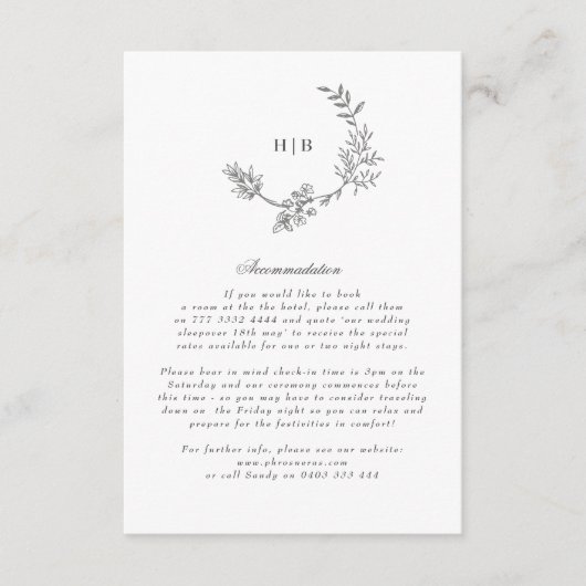 Floral Monogram geschetste krans bruiloft details Informatiekaartje (Voorkant)