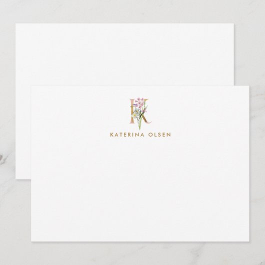  Floral Monogram Gold Letter K Opmerking Kaart Notitiekaartje (Voorkant / Achterkant)