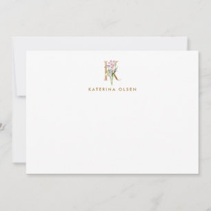 Floral Monogram Gold Letter K Opmerking Kaart Notitiekaartje