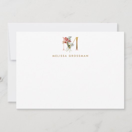 Floral Monogram Gold Letter M Note Kaart Notitiekaartje (Voorkant)