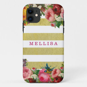 Floral Monogram Gold White Stripes Case-Mate iPhone Case