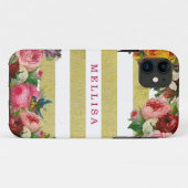  Floral Monogram Gold White Stripes Case-Mate iPhone Case (Achterkant (horizontaal))