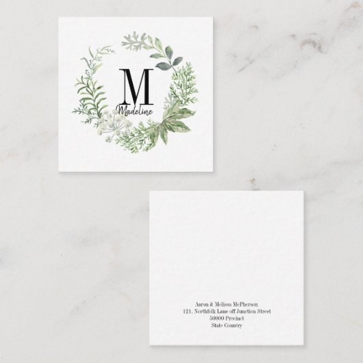 Floral Monogram Green Foliage Vierkante Visitekaartje (Voorkant / Achterkant)