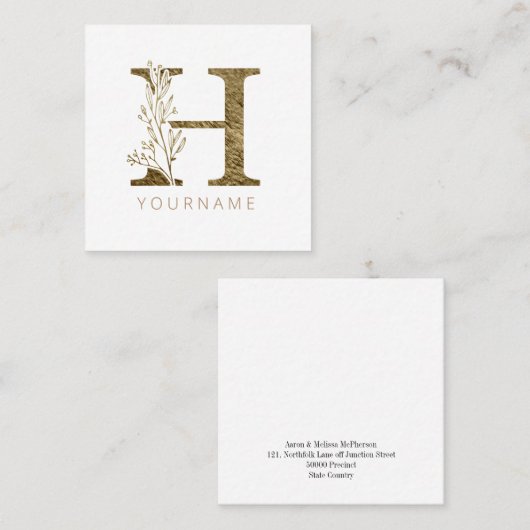 Floral Monogram H Elegant Gold Foliage Vierkante Visitekaartje (Voorkant / Achterkant)