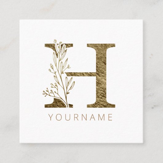 Floral Monogram H Elegant Gold Foliage Vierkante Visitekaartje (Voorkant)