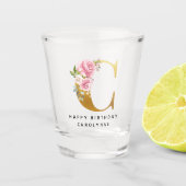 Floral Monogram Happy Birthday Persoonlijke naam Shot Glas (Voorkant)