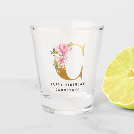 Floral Monogram Happy Birthday Persoonlijke naam Shot Glas (Voorkant)