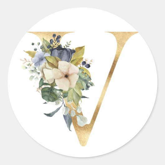 Floral monogram in gouden Classic Round Sticker (Voorkant)
