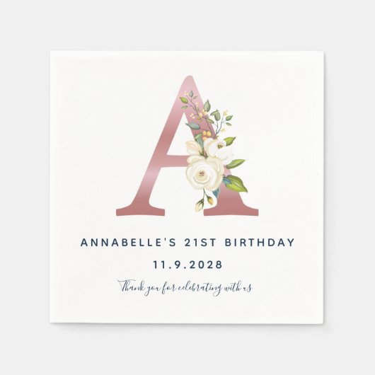 Floral Monogram Initiaal 21st Birthday Roos Gold Servet (Voorkant)