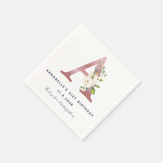 Floral Monogram Initiaal 21st Birthday Roos Gold Servet (Hoek)