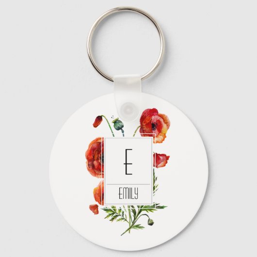 Floral Monogram Initiaal Sleutelhanger Red Poppy F (Voorkant)