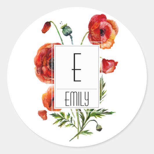 Floral Monogram Initiaal Stickers Red Poppy Flower (Voorkant)