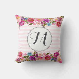 Floral Monogram initiaal, waterverf bloem Kussen