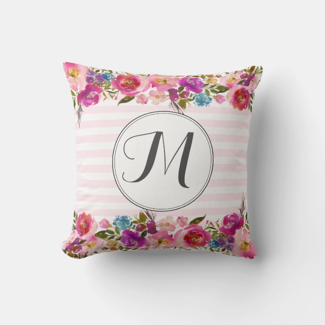 Floral Monogram initiaal, waterverf bloem Kussen (Voorkant)