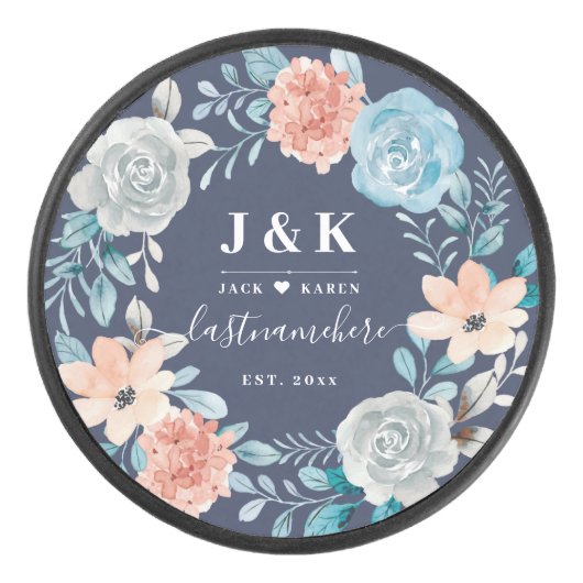 Floral Monogram Initialen Aangepaste familienaam Hockey Puck (Voorkant)