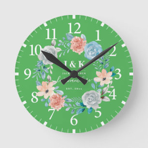 Floral Monogram Initialen Aangepaste familienaam Ronde Klok
