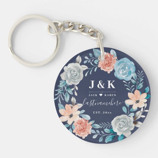 Floral Monogram Initialen Aangepaste familienaam Sleutelhanger (Voorkant)