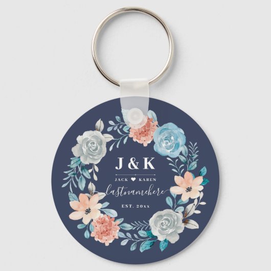 Floral Monogram Initialen Aangepaste familienaam Sleutelhanger (Voorkant)