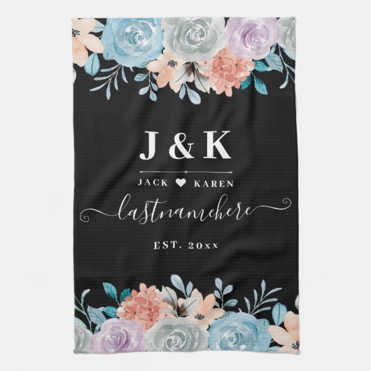 Floral Monogram Initialen Aangepaste familienaam Theedoek (Verticaal)