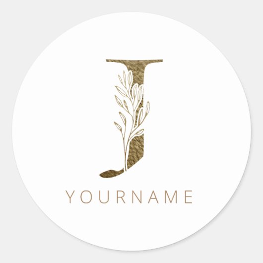 Floral Monogram J Elegant Gold Foliage Ronde Sticker (Voorkant)