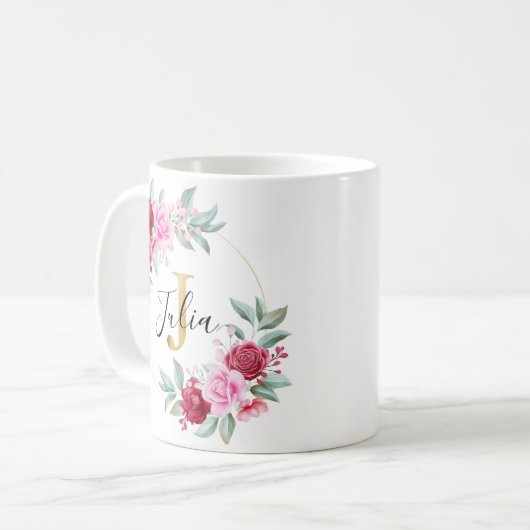Floral Monogram J Waterverf roze roze goud Koffiemok (Voorkant links)