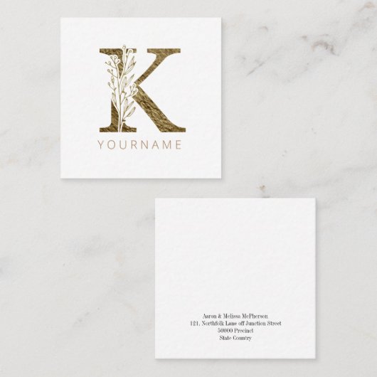 Floral Monogram K Elegant Gold Foliage Vierkante Visitekaartje (Voorkant / Achterkant)